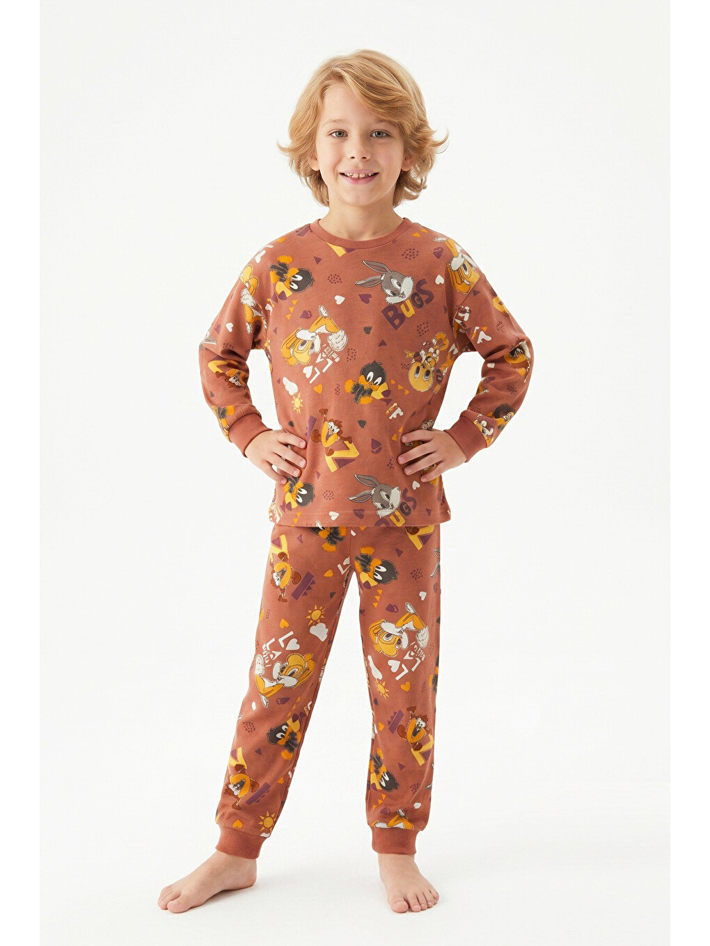 Kahverengi %100 Pamuk Ve Görsel Baskılı Erkek Çocuk Pijama Takımı 3-8 Yaş 12746ıs