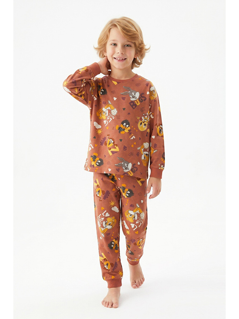 Kahverengi %100 Pamuk Ve Görsel Baskılı Erkek Çocuk Pijama Takımı 3-8 Yaş 12746ıs-1