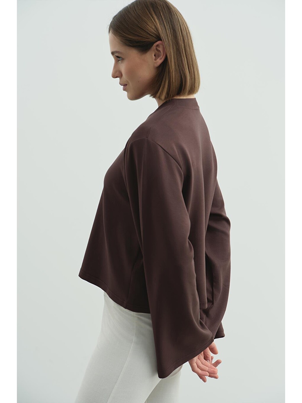 Oversize Basic Kısa Sweatshirt 981 Kahverengi-5