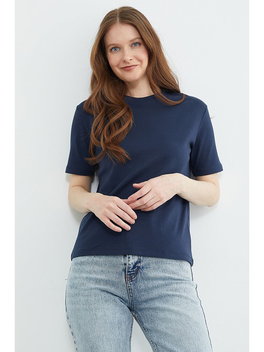 Lacivert Basic Bisiklet Yaka Salaş Tişört-2