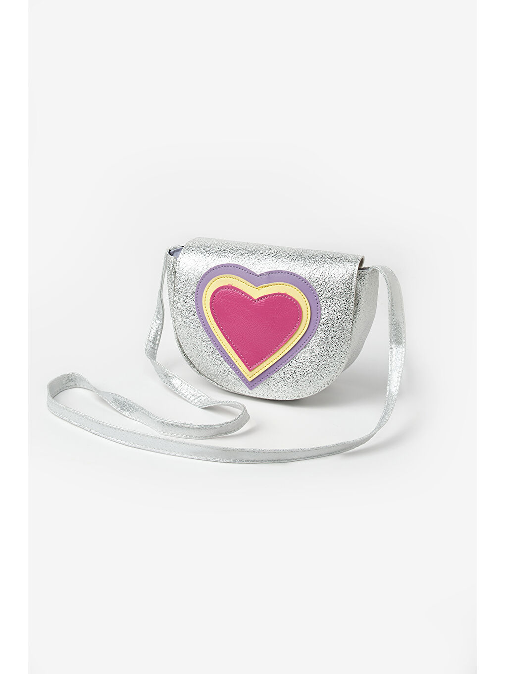Gri Gümüş Kalp Figürlü Kız Çocuk Omuz Çantası