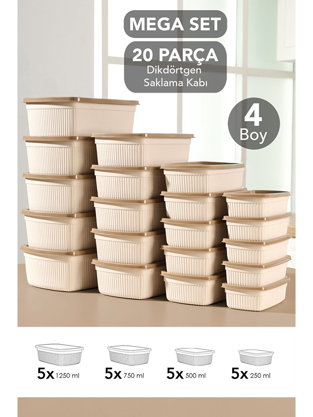 Bej 20'li Çizgili Dikdörtgen Gıda Saklama Kabı Seti