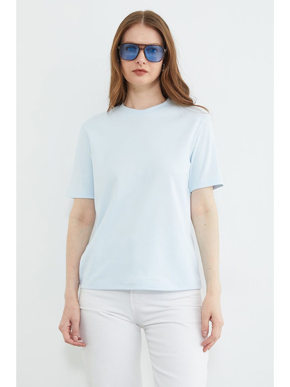 Mavi Basic Bisiklet Yaka Salaş Tişört-1