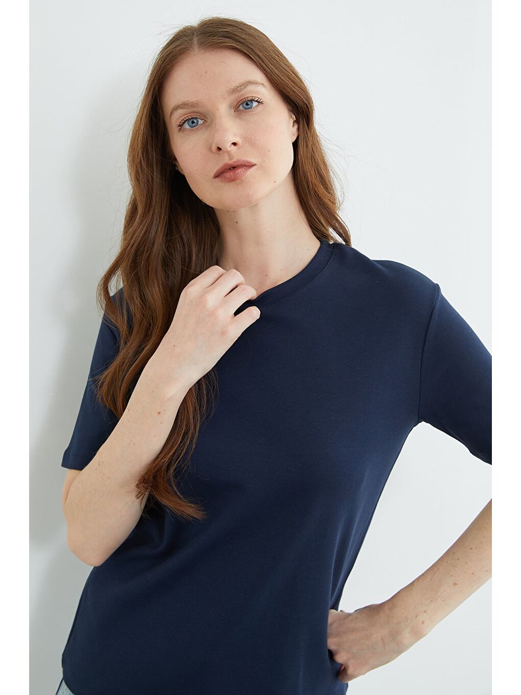 Lacivert Basic Bisiklet Yaka Salaş Tişört-3