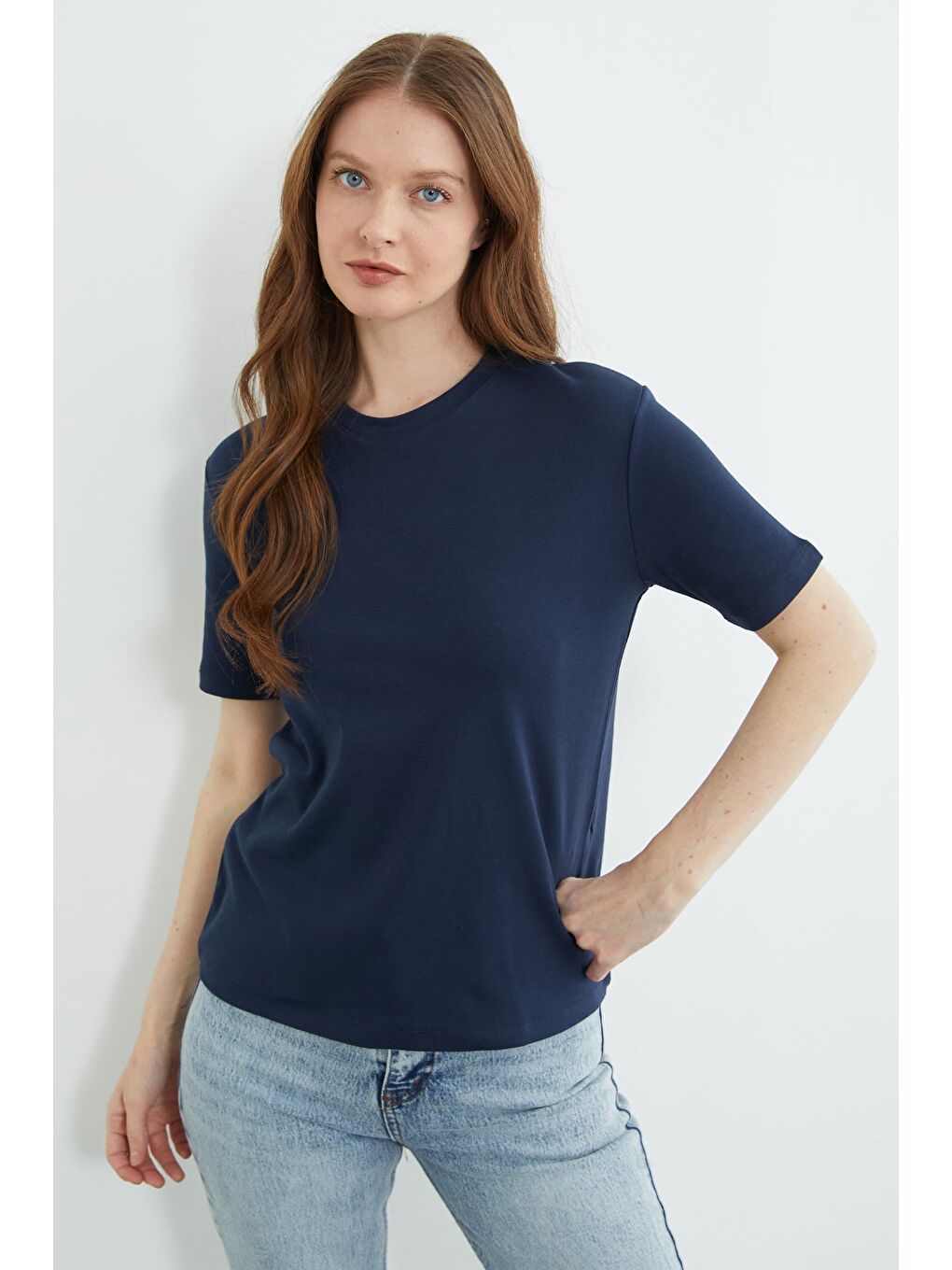 Lacivert Basic Bisiklet Yaka Salaş Tişört-4