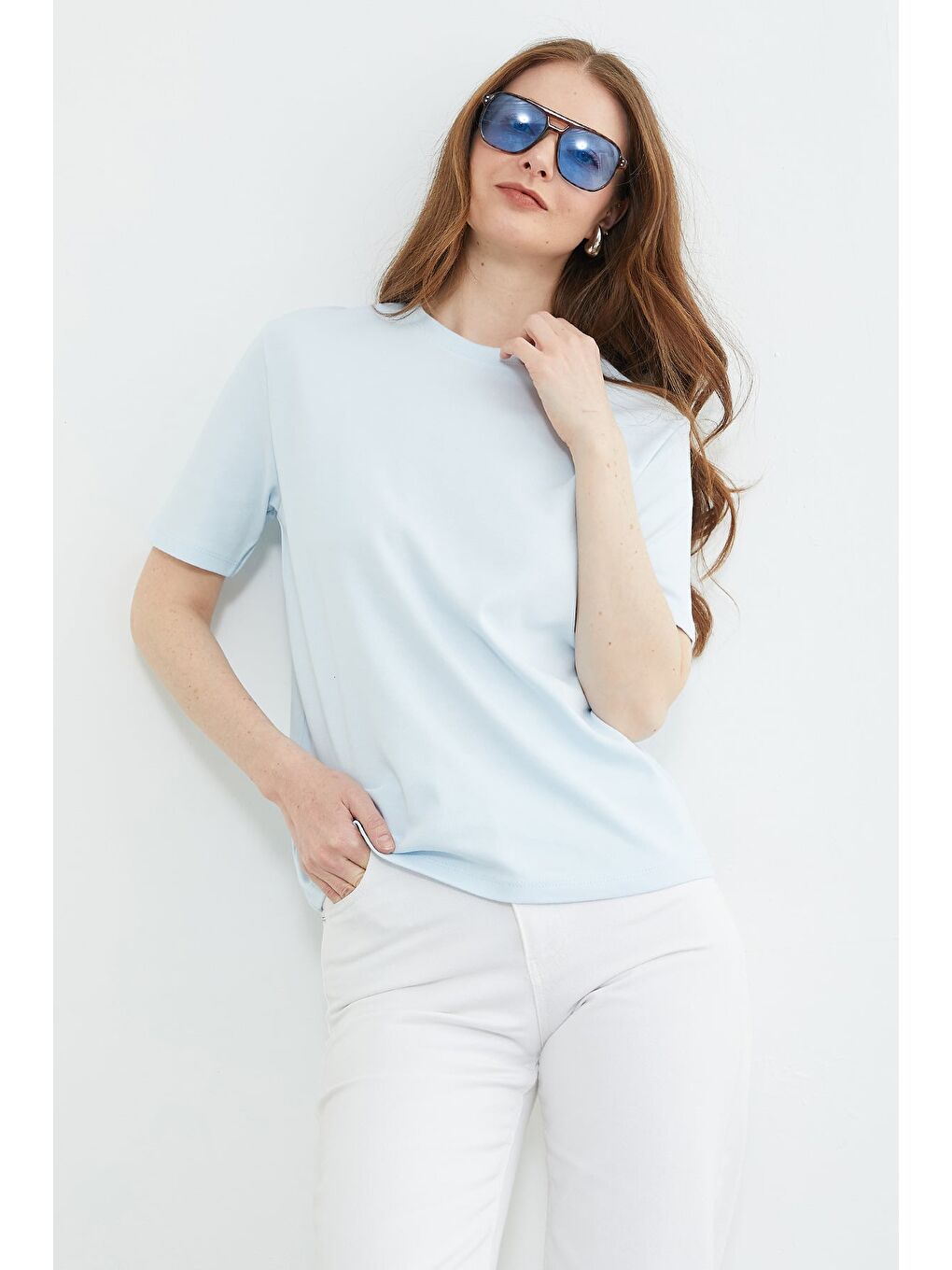 Mavi Basic Bisiklet Yaka Salaş Tişört-3