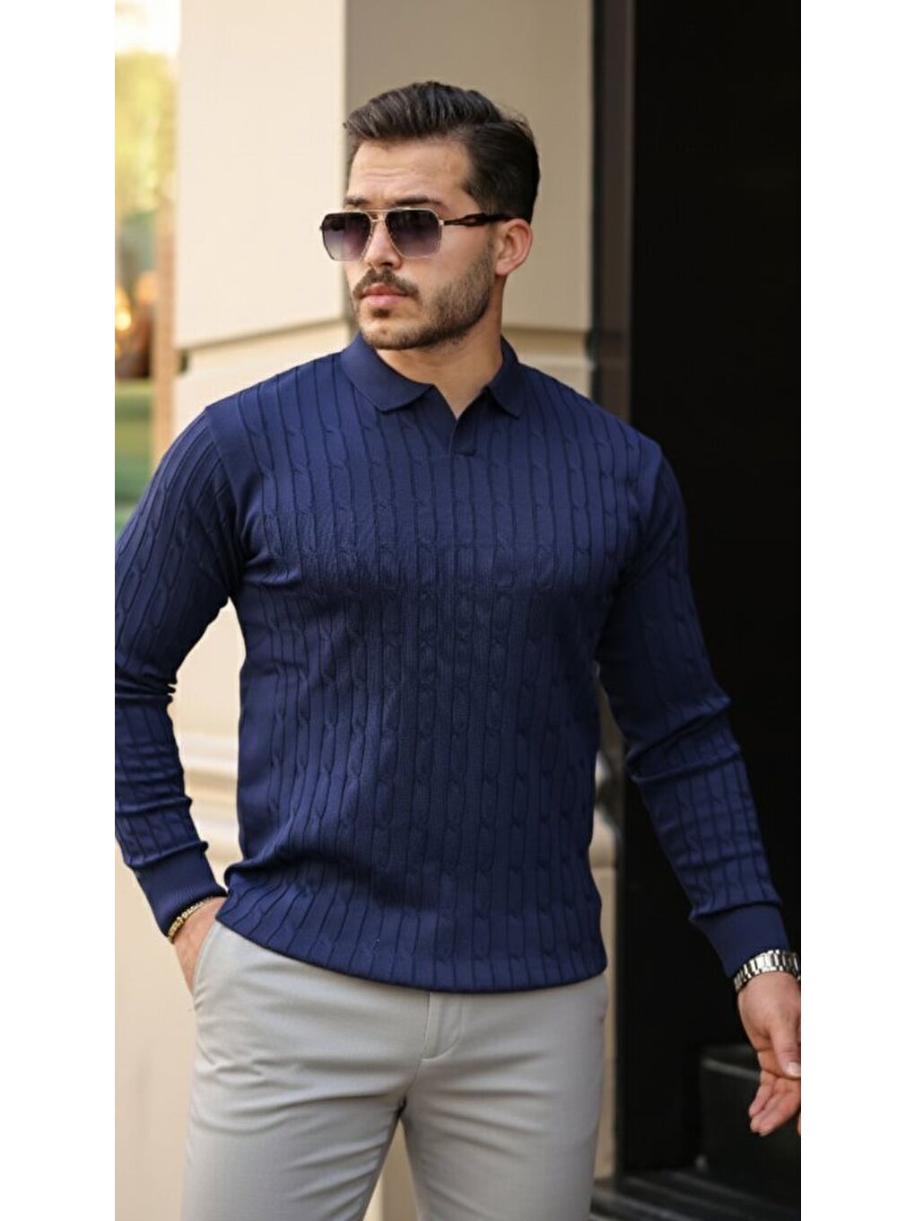 Lacivert Erkek Saç örgü Desenli Uzun Kollu Triko-1