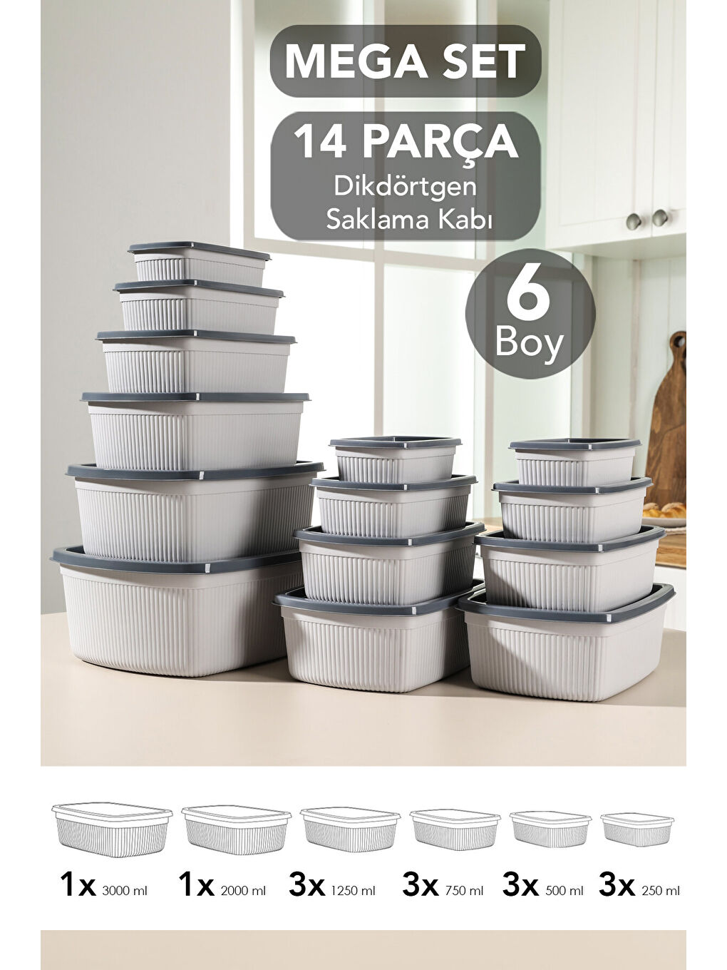 Gri 14'lü Çizgili Dikdörtgen Gıda Saklama Kabı Seti