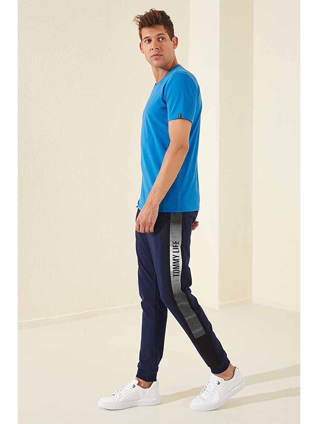 İndigo Fermuar Cepli Baskılı Standart Kalıp Erkek Jogger Eşofman Altı- 84657