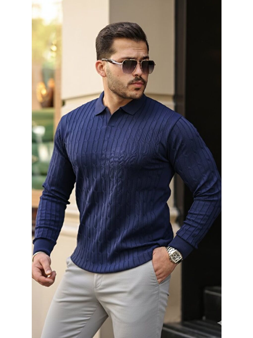 Lacivert Erkek Saç örgü Desenli Uzun Kollu Triko-2