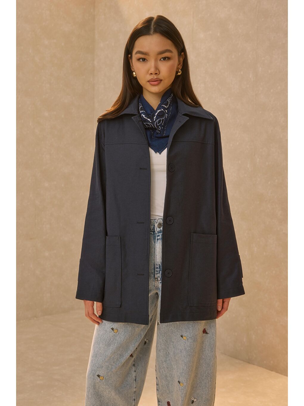 Basic Gabardin Ceket Lacivert-1