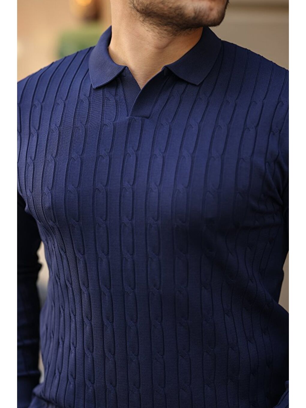 Lacivert Erkek Saç örgü Desenli Uzun Kollu Triko-3