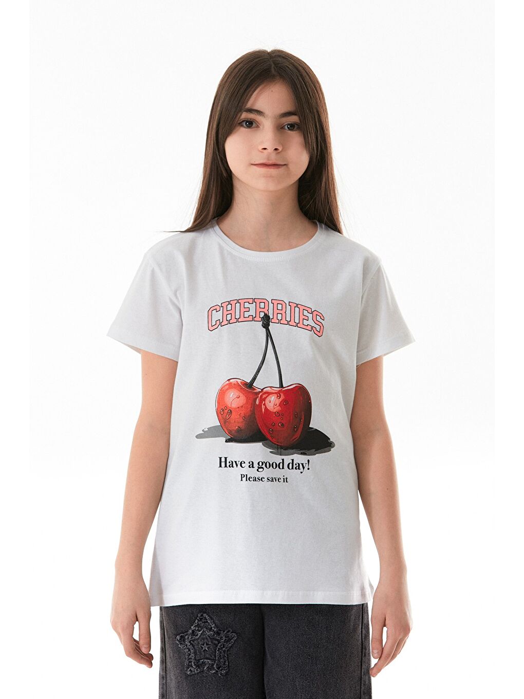 Beyaz %100 Pamuk Kiraz Baskılı Bisiklet Yaka Kız Çocuk Tişört-4