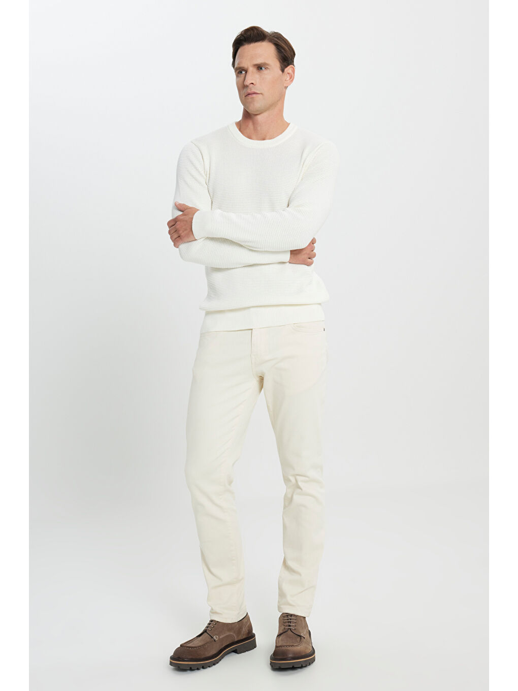 Erkek Ekru Pamuklu Normal Kesim Bisiklet Yaka Petek Dokulu Triko Kazak-1