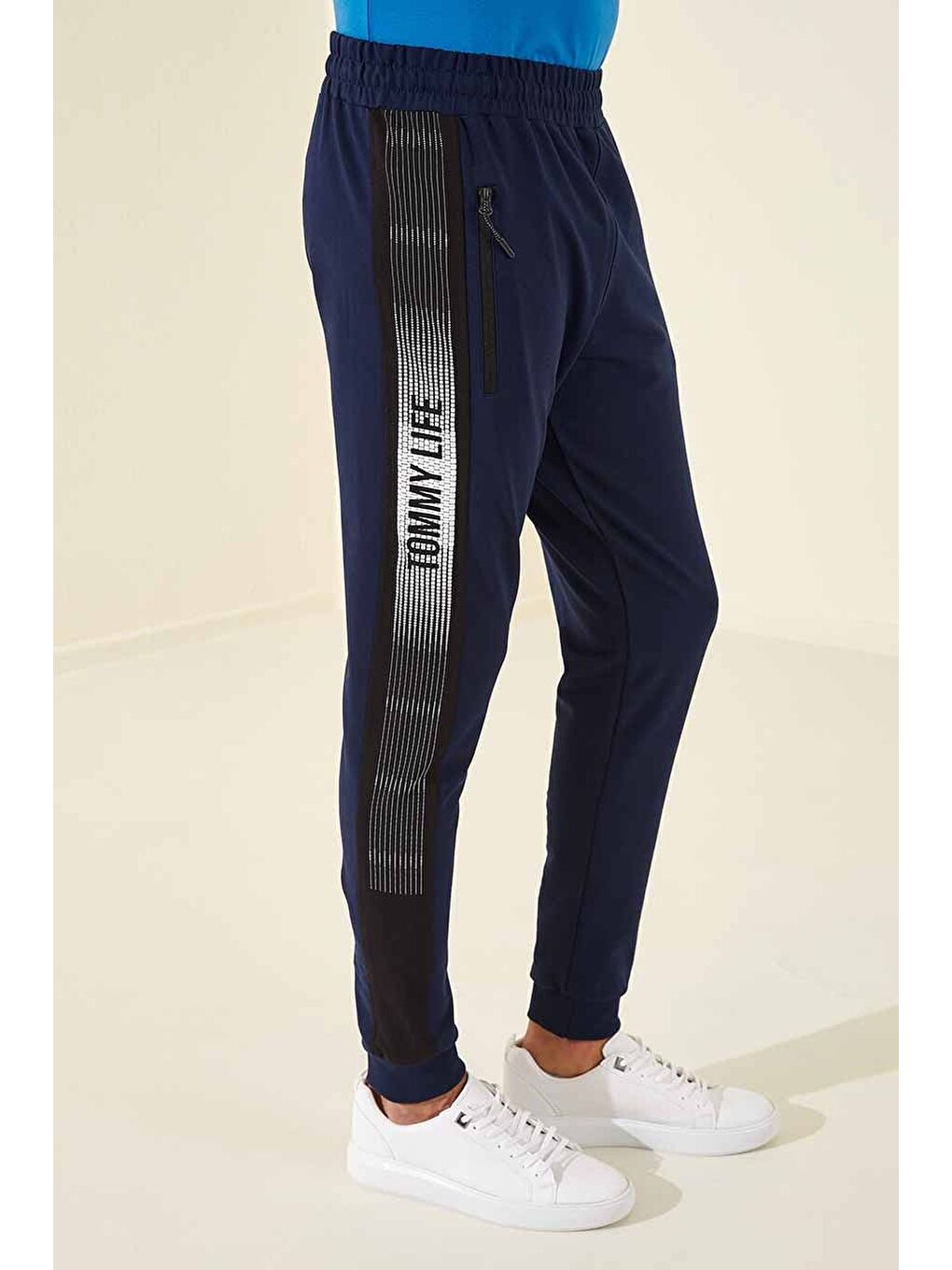 İndigo Fermuar Cepli Baskılı Standart Kalıp Erkek Jogger Eşofman Altı- 84657-1