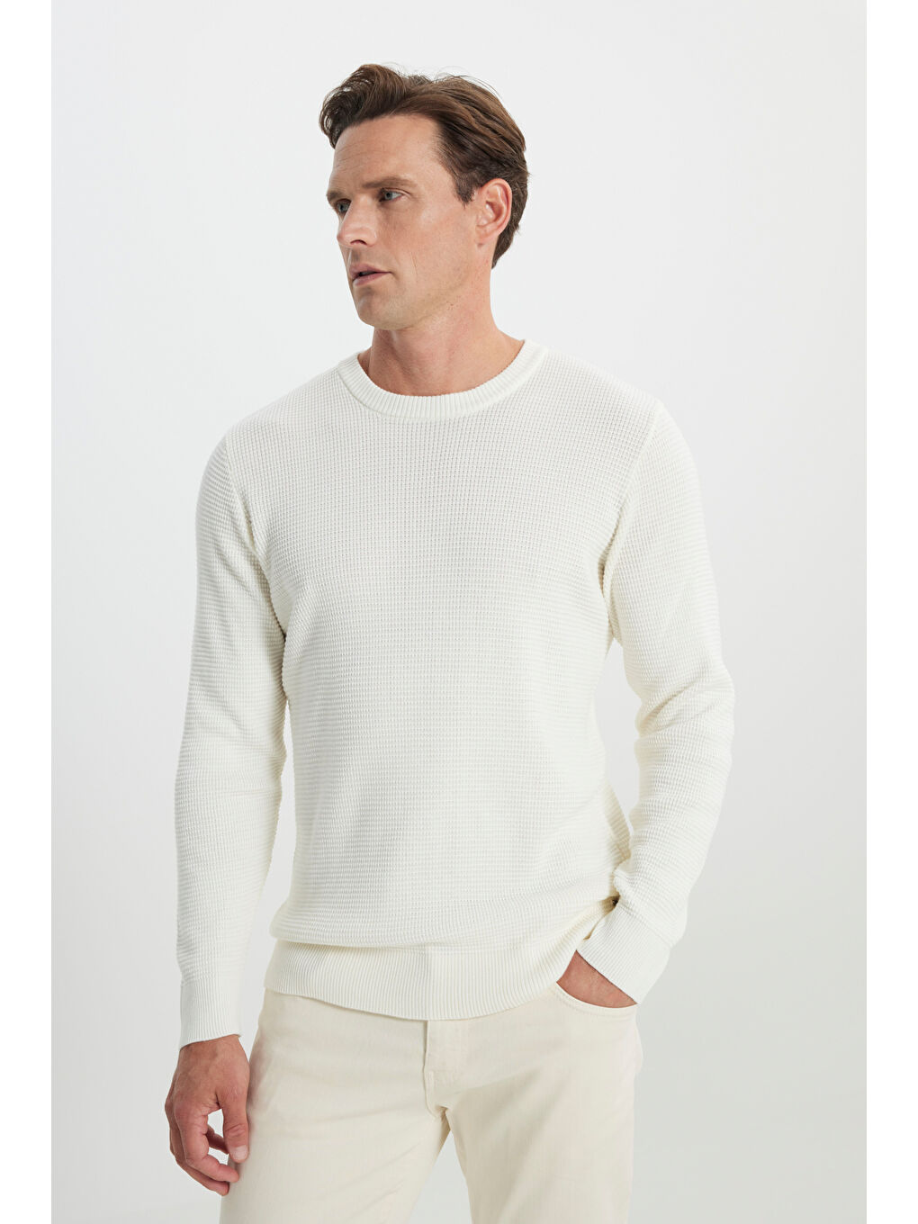 Erkek Ekru Pamuklu Normal Kesim Bisiklet Yaka Petek Dokulu Triko Kazak-2