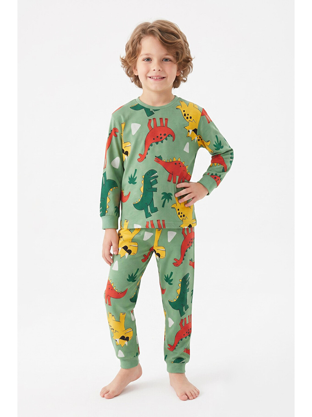 Yeşil 100 Pamuk Ve Dinozor Baskılı Erkek Çocuk Pijama Takımı 3-8 Yaş 12745ıs-1