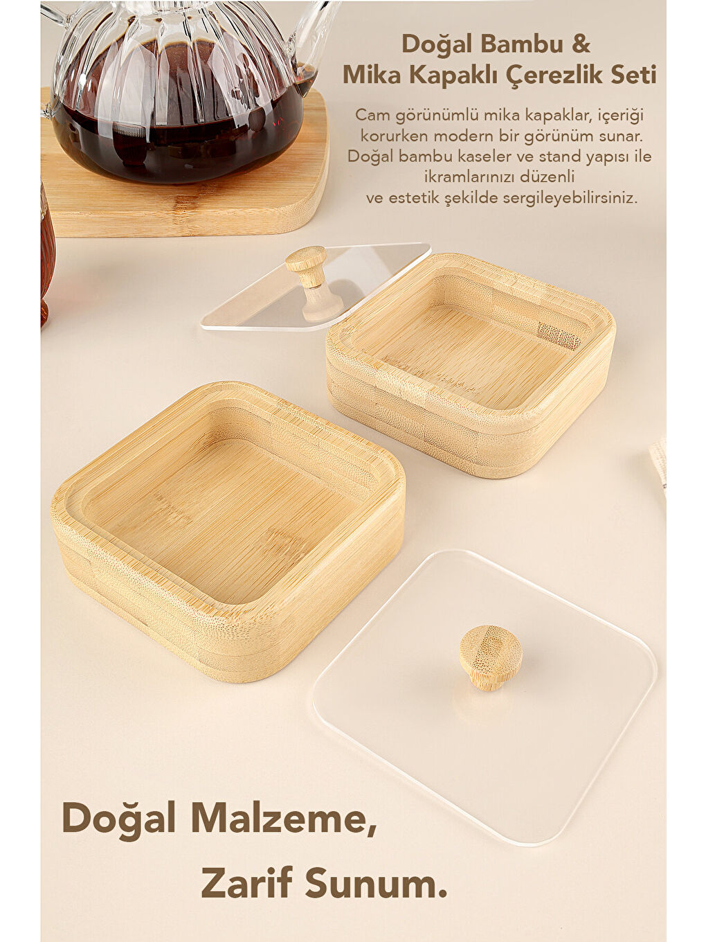 Bej 6'lı Kapaklı Bambu Çerezlik Seti-3