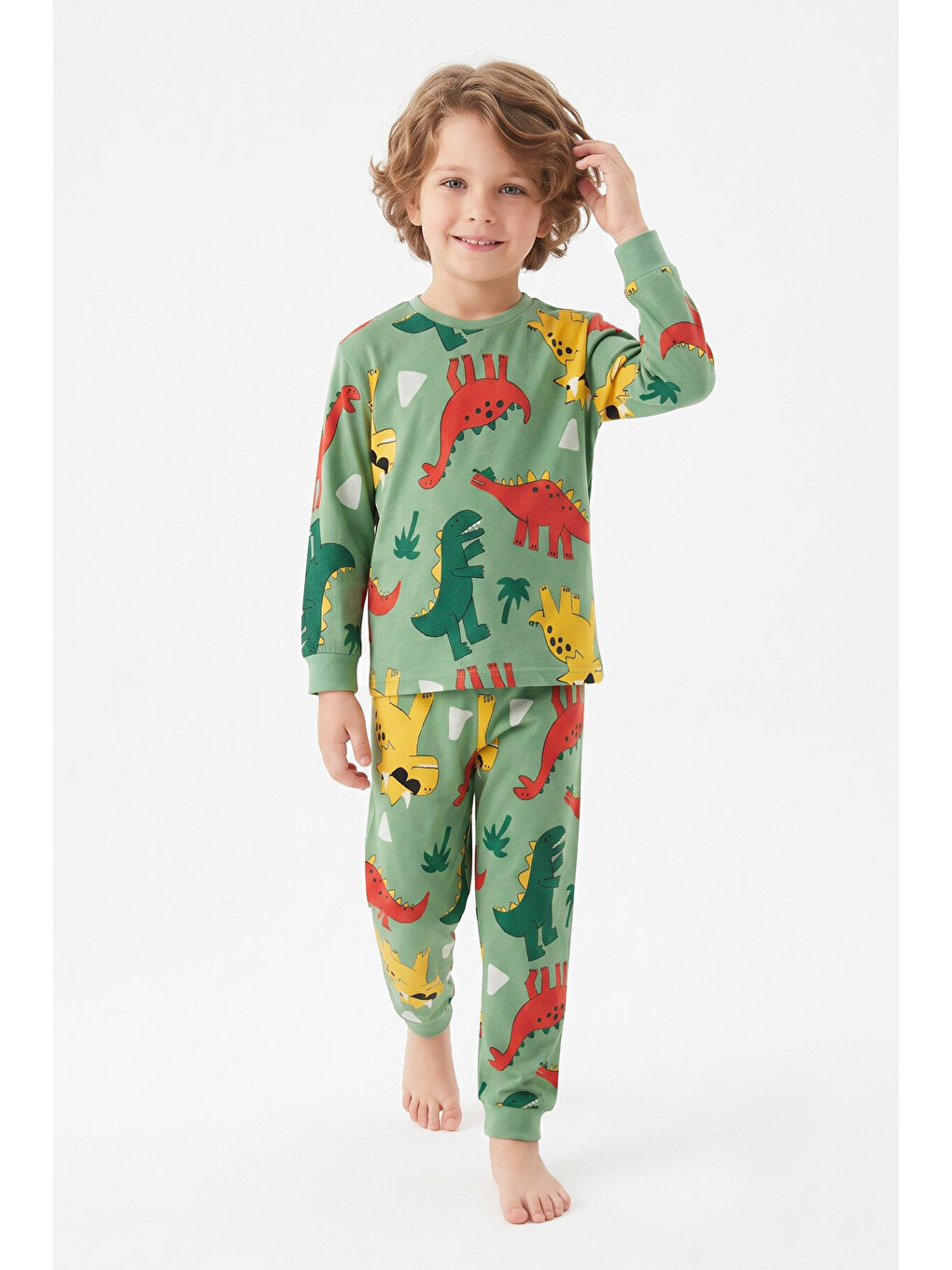 Yeşil 100 Pamuk Ve Dinozor Baskılı Erkek Çocuk Pijama Takımı 3-8 Yaş 12745ıs-2