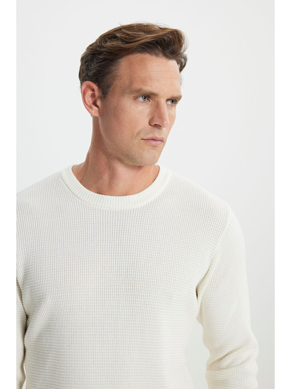 Erkek Ekru Pamuklu Normal Kesim Bisiklet Yaka Petek Dokulu Triko Kazak-3