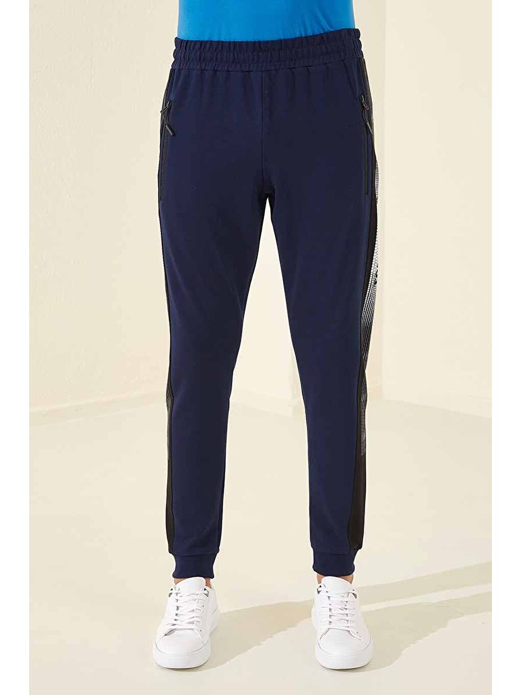 İndigo Fermuar Cepli Baskılı Standart Kalıp Erkek Jogger Eşofman Altı- 84657-3