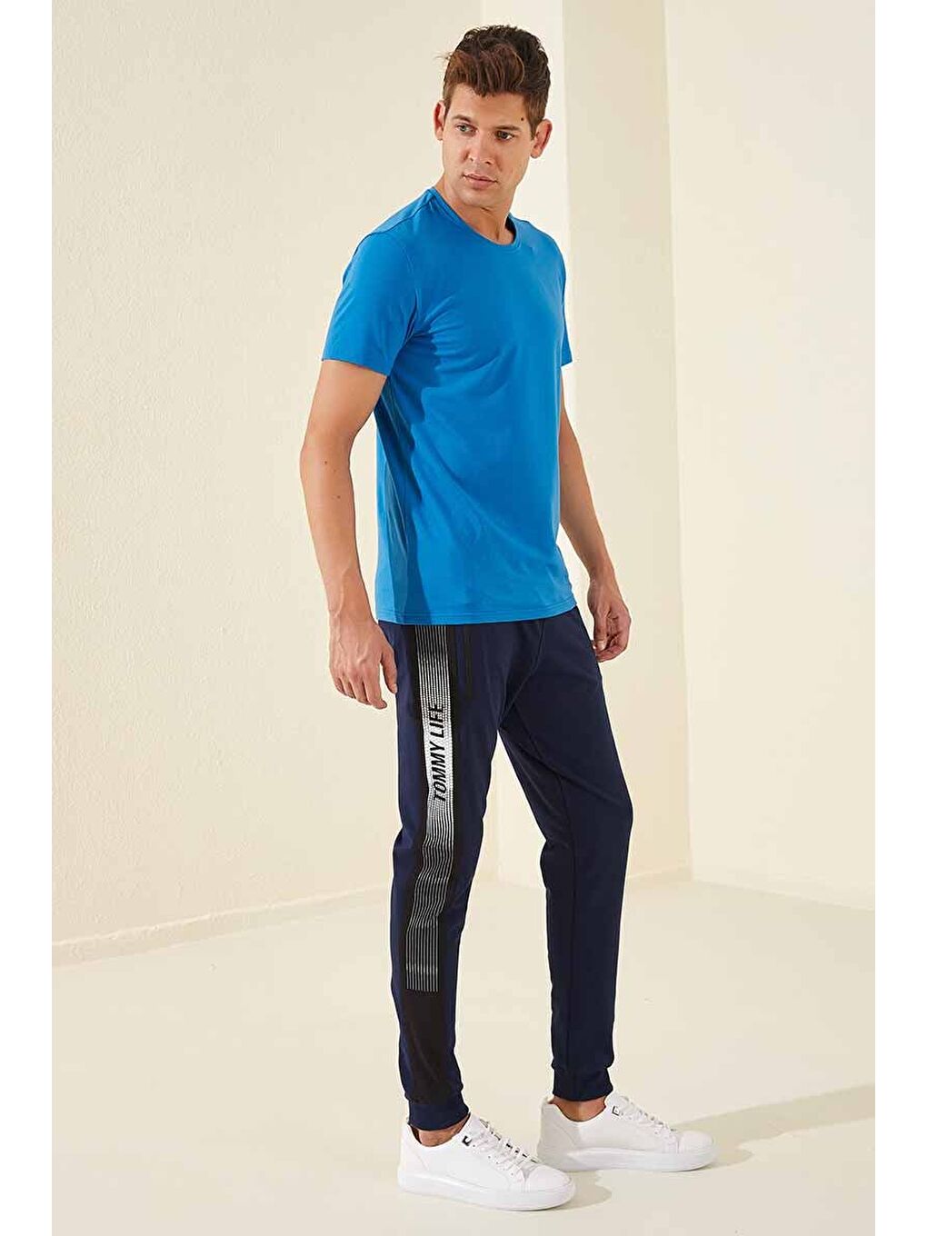 İndigo Fermuar Cepli Baskılı Standart Kalıp Erkek Jogger Eşofman Altı- 84657-4