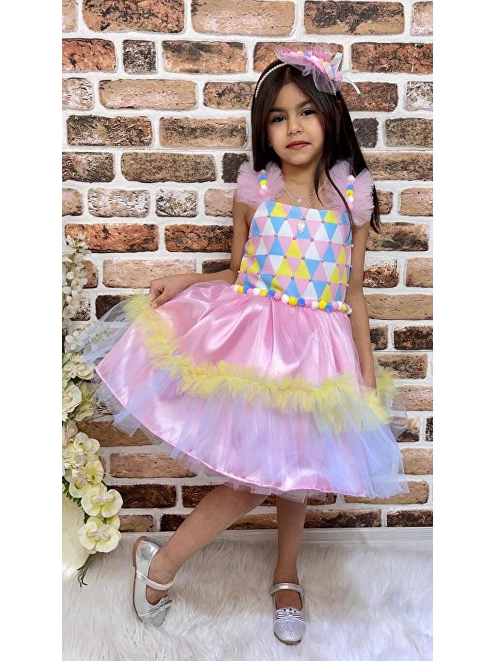 Pembe Kokosh Kız Saten Parti Elbisesi MNK0328