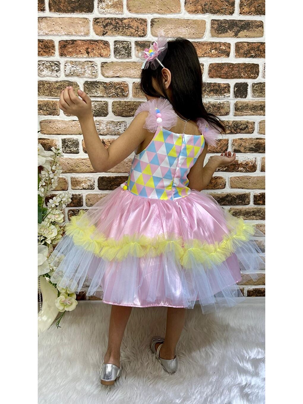 Pembe Kokosh Kız Saten Parti Elbisesi MNK0328-1