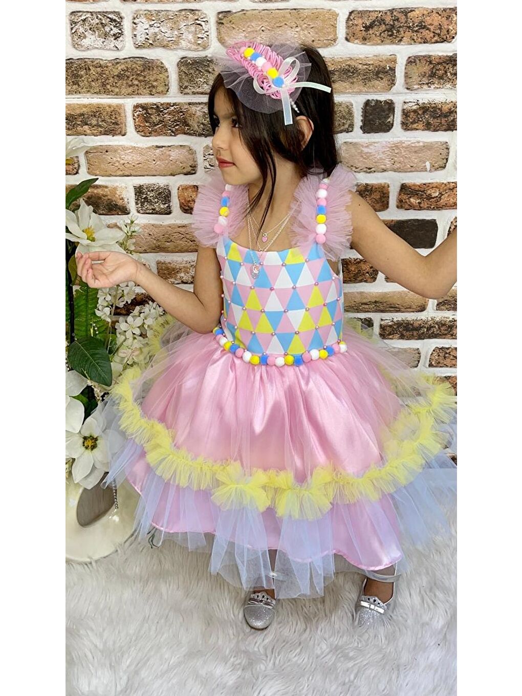 Pembe Kokosh Kız Saten Parti Elbisesi MNK0328-2