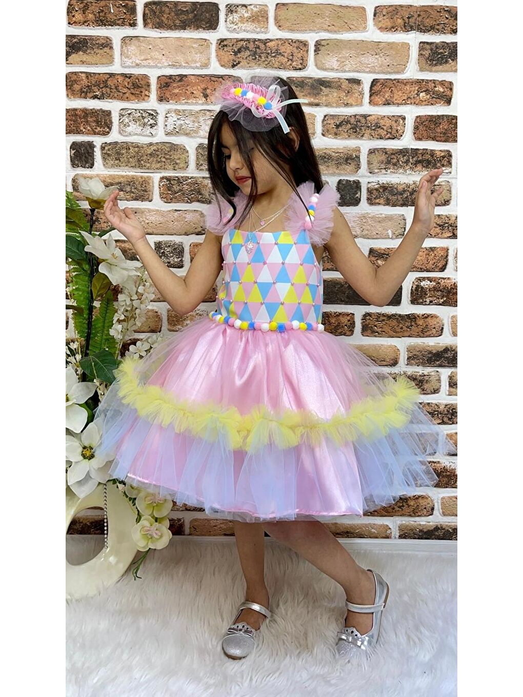 Pembe Kokosh Kız Saten Parti Elbisesi MNK0328-3