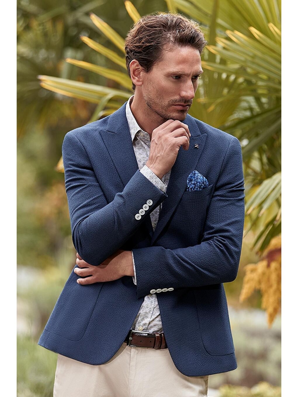 Koyu Lacivert Desenli Kırlangıç Yaka Elastanlı 6 Drop Slim Fit Dar Kesim Casual Ceket 1002240155-1