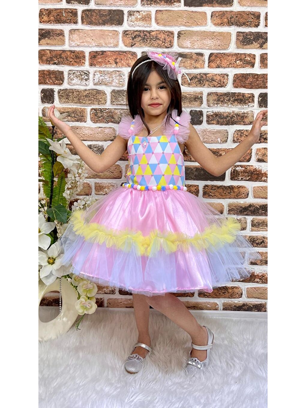 Pembe Kokosh Kız Saten Parti Elbisesi MNK0328-4