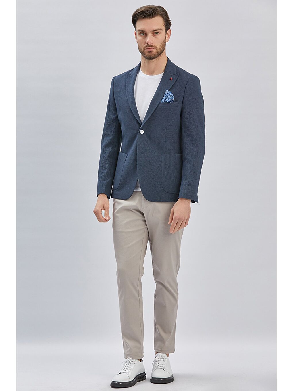 Koyu Lacivert Desenli Kırlangıç Yaka Elastanlı 6 Drop Slim Fit Dar Kesim Casual Ceket 1002240155-2