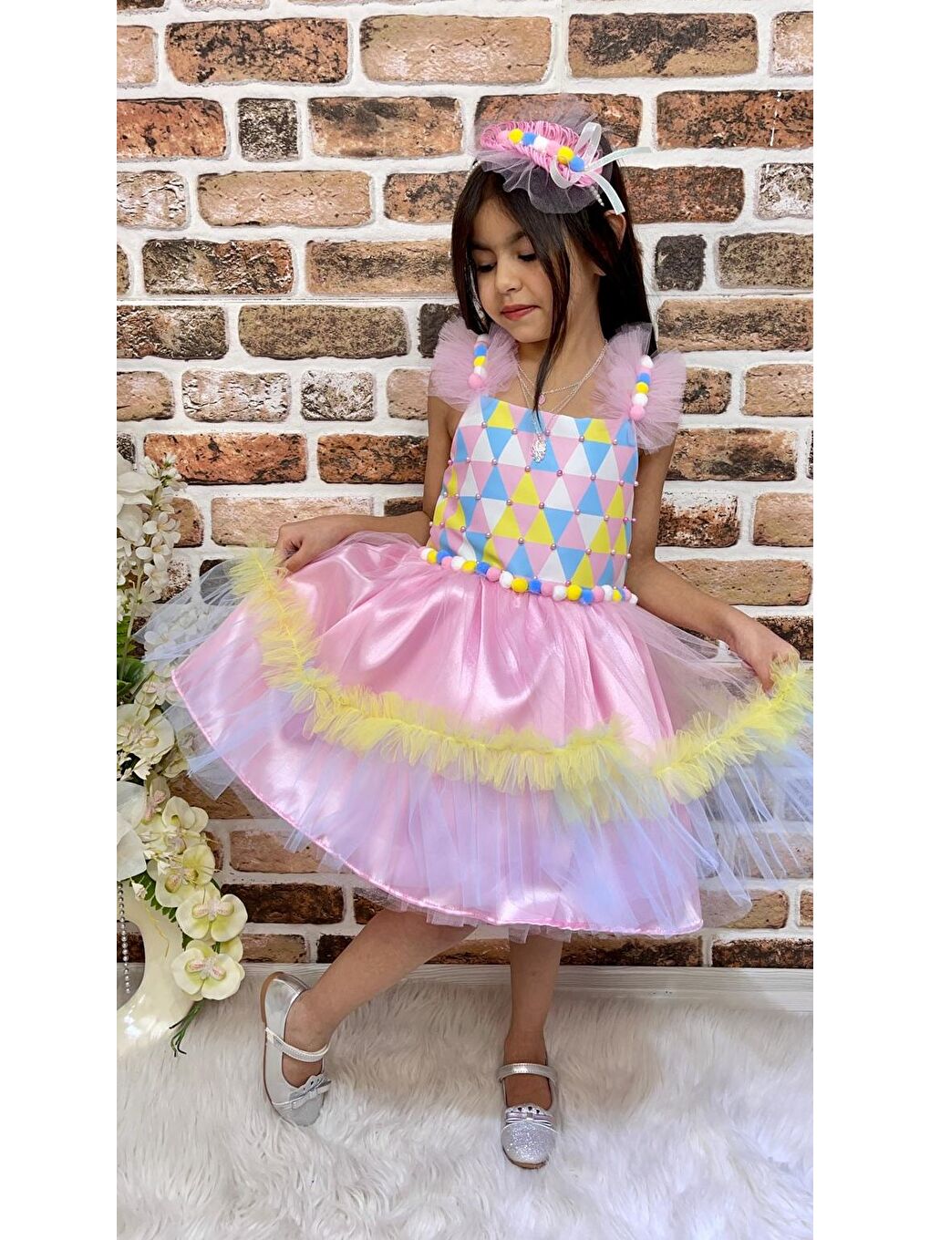 Pembe Kokosh Kız Saten Parti Elbisesi MNK0328-5