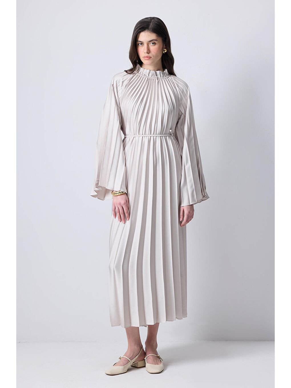 Bej Piliseli Kimono Kol Elbise