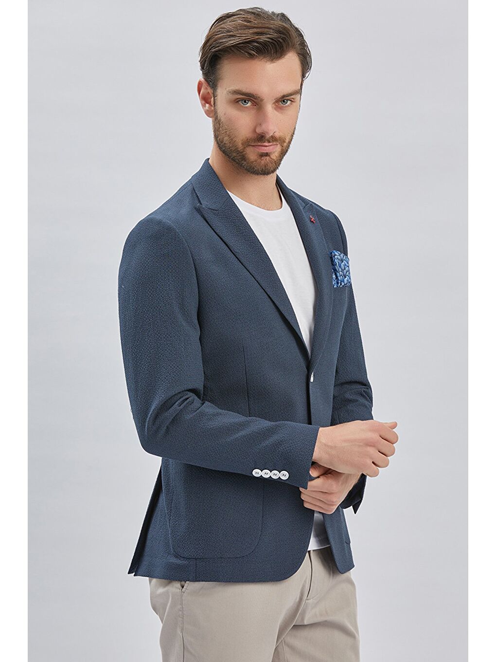 Koyu Lacivert Desenli Kırlangıç Yaka Elastanlı 6 Drop Slim Fit Dar Kesim Casual Ceket 1002240155-3