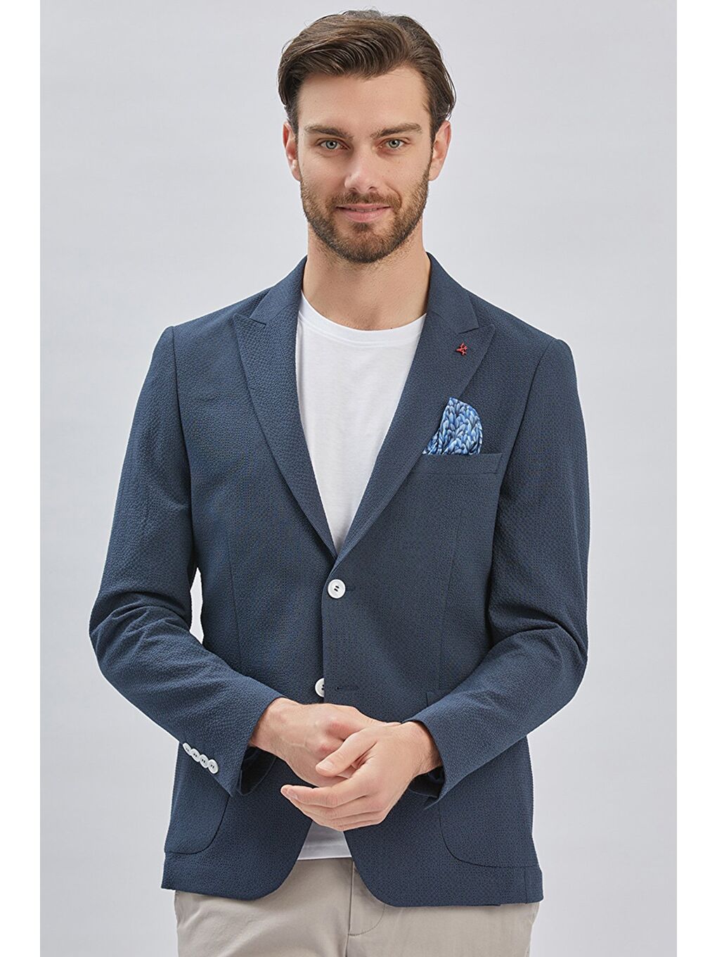 Koyu Lacivert Desenli Kırlangıç Yaka Elastanlı 6 Drop Slim Fit Dar Kesim Casual Ceket 1002240155-4