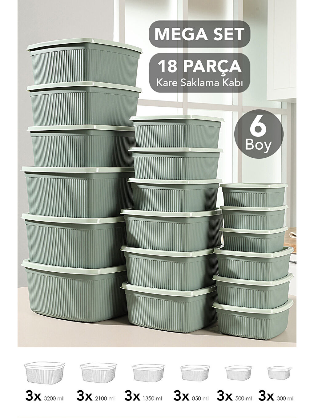 Yeşil 18'li Çizgili Kare Erzak Gıda Saklama Kabı Seti