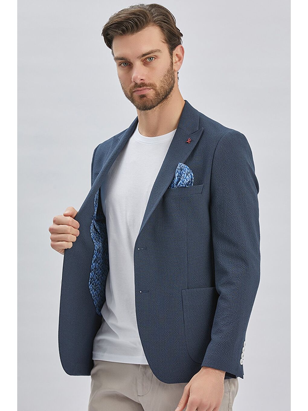 Koyu Lacivert Desenli Kırlangıç Yaka Elastanlı 6 Drop Slim Fit Dar Kesim Casual Ceket 1002240155-5