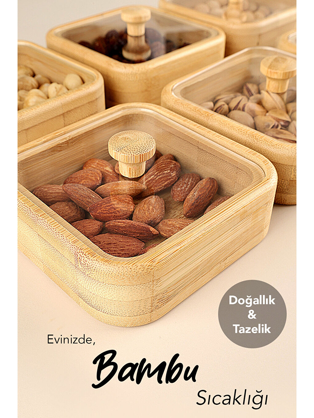 Bej 6'lı Kapaklı Bambu Çerezlik Seti-5