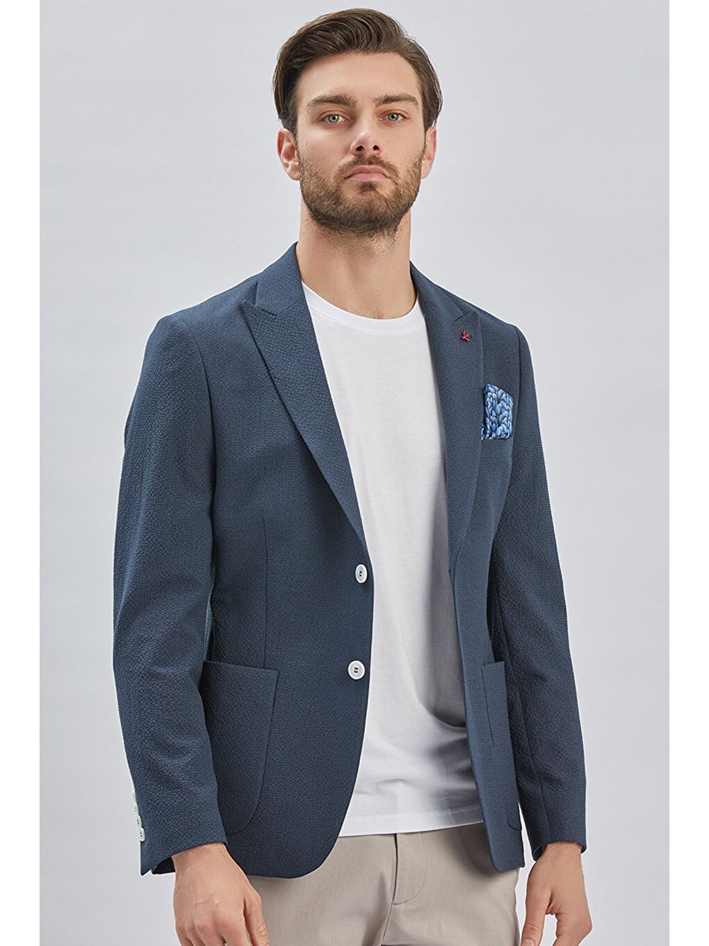 Koyu Lacivert Desenli Kırlangıç Yaka Elastanlı 6 Drop Slim Fit Dar Kesim Casual Ceket 1002240155-6