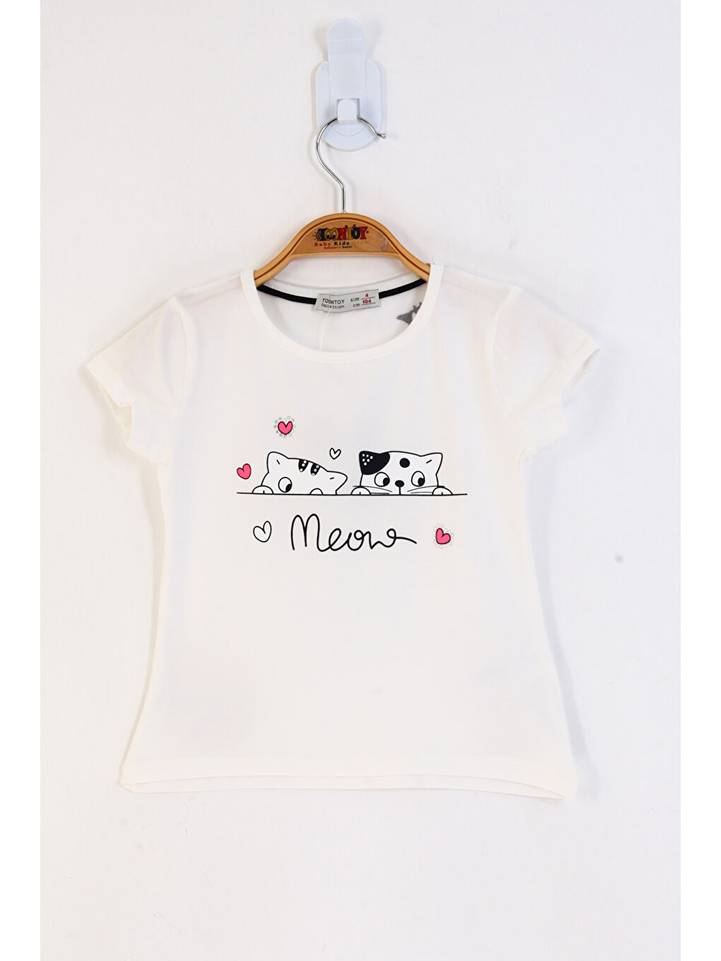 Ekru Kız Çocuk Kedi Baskılı Tişört
