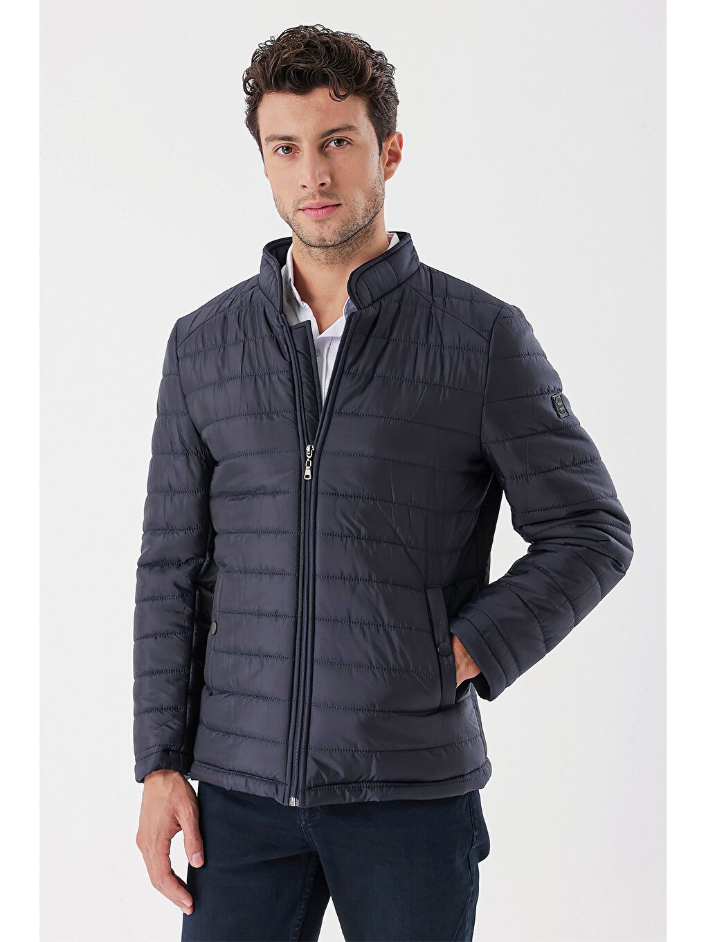 Koyu Lacivert Hakim Yaka Astarlı Slim Fit Dar Kesim Casual Mont 1007235156