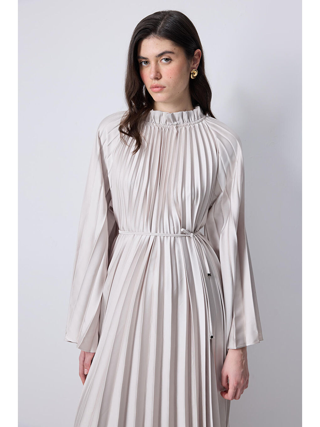 Bej Piliseli Kimono Kol Elbise-1