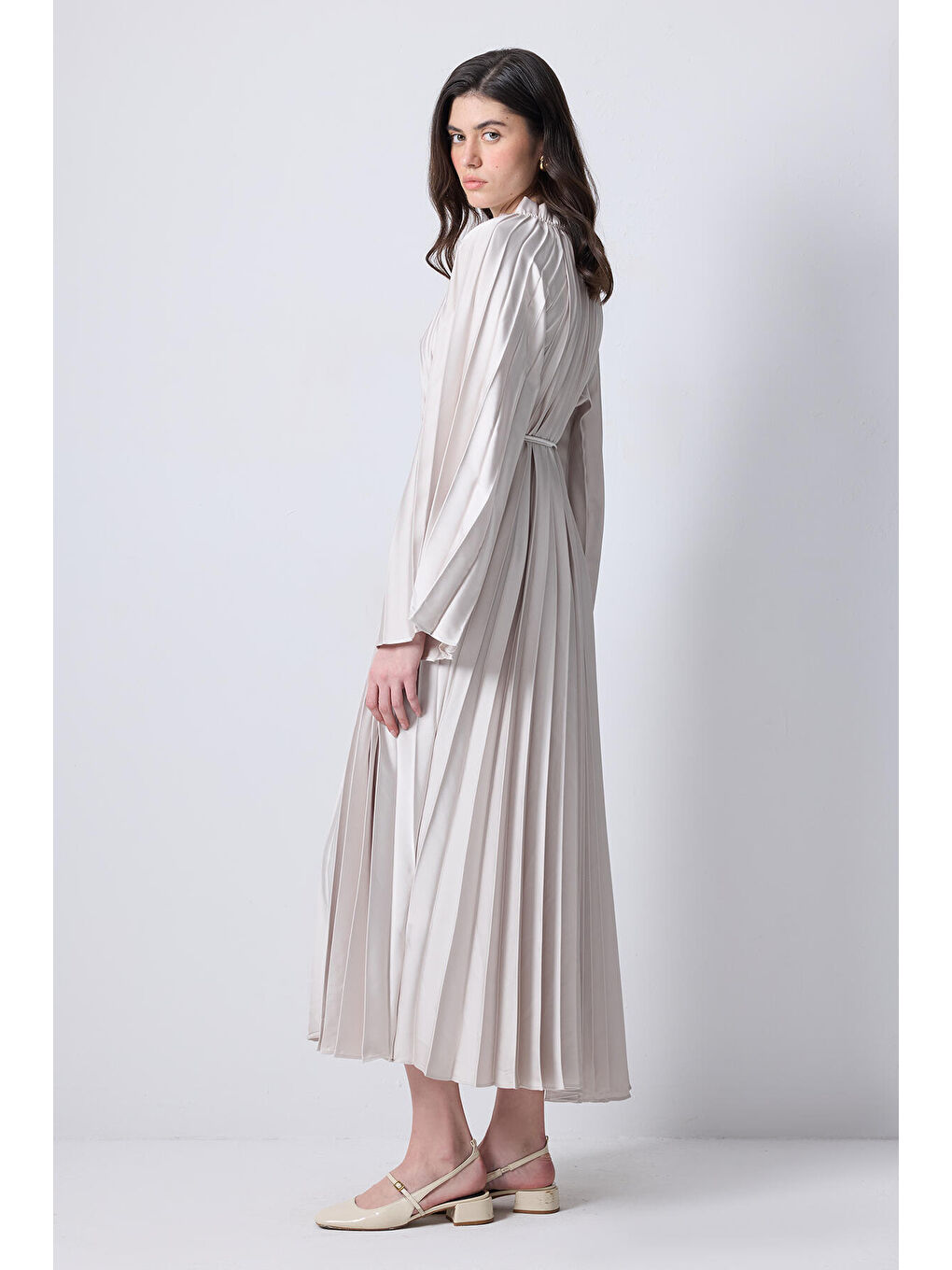 Bej Piliseli Kimono Kol Elbise-2