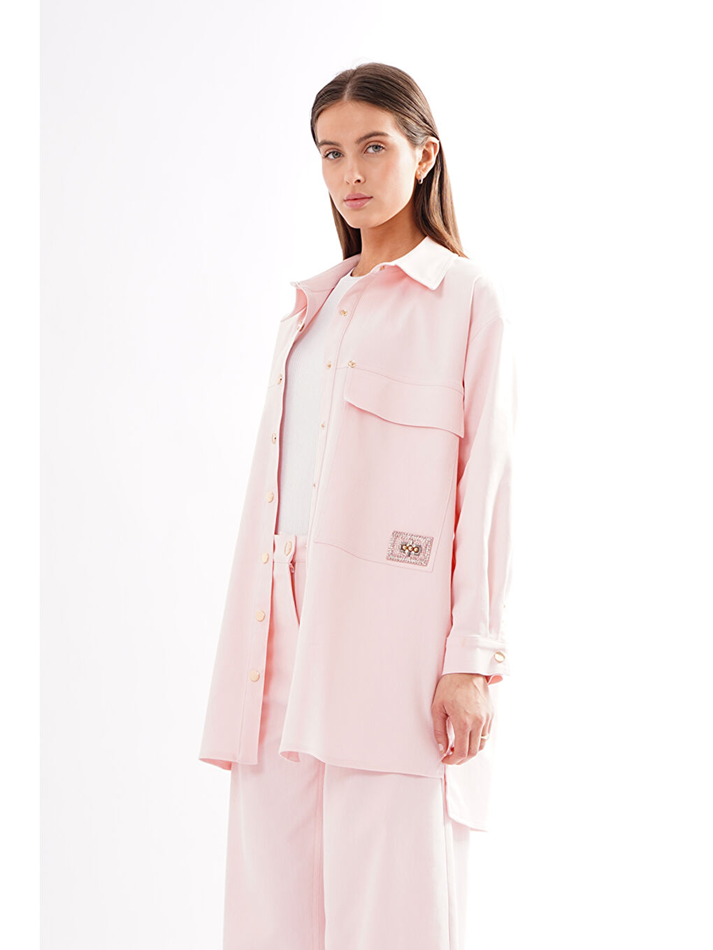 Cebi İşleme Detaylı Önden Çıt Çıtlı Denim Ceket Gömlek 871 Toz Pembe-1