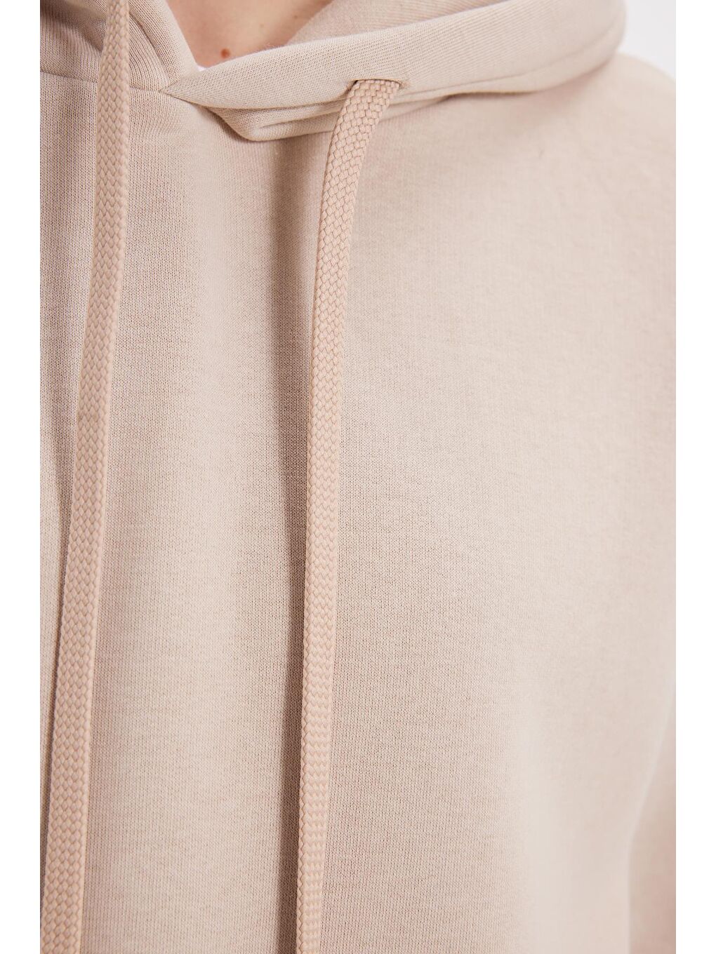 Kadın Oversize Geniş Kesim Pamuklu Yumuşak Dokulu İçi Polarlı Basic Bej Kapüşonlu Sweatshirt-5