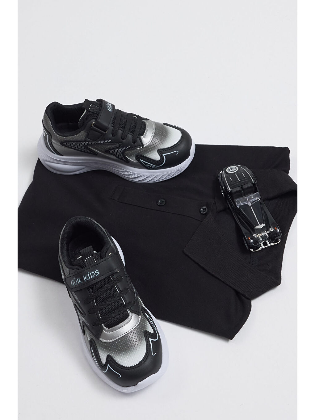 Çocuk Unisex Siyah Gri Eva Faylon Taban Çocuk Unısex Cırtlı Lastik Bağcıklı Spor Ayakkabı-1