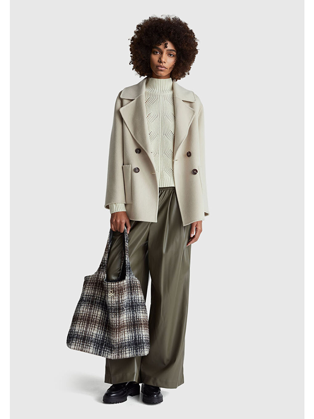 Ekru Kadın Krem Yün Karışımlı Örgü Boğazlı Kazak-4