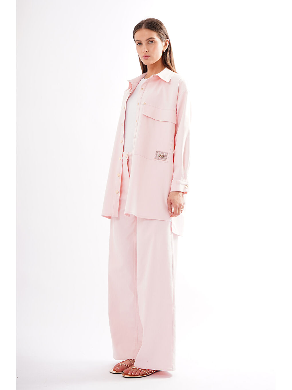 Cebi İşleme Detaylı Önden Çıt Çıtlı Denim Ceket Gömlek 871 Toz Pembe-3